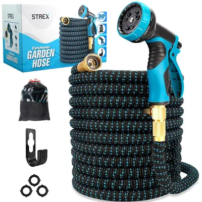 Image de Tuyau d’arrosage flexible extensible 30 m avec pistolet d’arrosage – Avec raccords, crochet de suspension et sac de rangement Strex