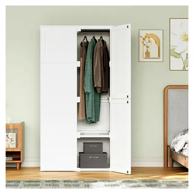 Produktbild von Weißer Tragbarer Kleiderschrank, 69x136x50 cm, Faltbarer Mehrzweckschrank mit Kleiderstange und Magnettüren, für Wohnzimmer und Schlafzimmer