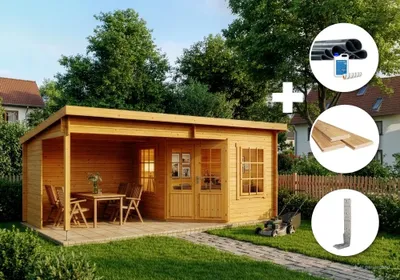 Produktbild von Alpholz Gartenhaus Set Carl 598x330cm Imprägn. Pinie mit Boden & Dacheind.
