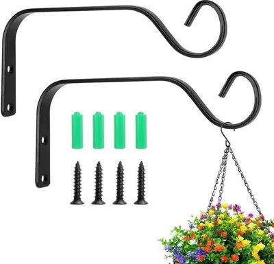 Produktbild von Unyqoos® 2er-Set schwarze Metall-Wandhaken (15 cm) aus Eisen – für Außenbereich zum Aufhängen von Blumenampeln, Laternen & Vogelhäuschen