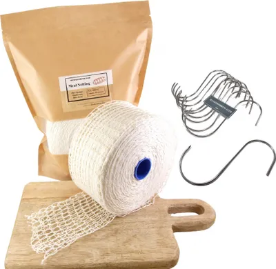 Produktbild von Fleischnetz 200mm / 50m + Fleischhaken x 10 - Schinkennetz, Räuchernetz, Fleischhaken