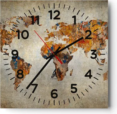 Produktbild von Wanduhr - Quadrat - Glasuhr - Welt Karte Kontinente Geographie - 30x30cm - Schleichendes Uhrwerk - Lautlos - zum Aufhängen bereit - Dekoration Modern - Wanddekoration aus Glas - C4AC30x30-2783