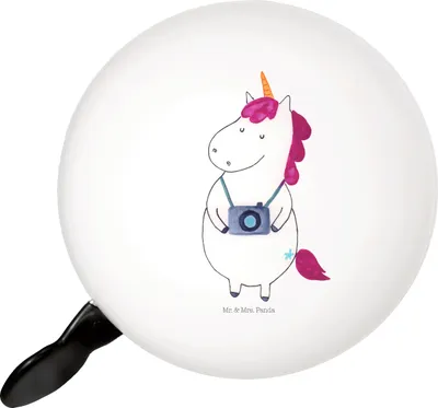 Produktbild von Mr. & Mrs. Panda Fahrradklingel Einhorn Fotograf - Weiß - Geschenk, Fahrrad-Klingel, Urlaub, Fahrradglocke, Klingel Für Fahrrad, Unicorn, Weltenbummler, Weltreise