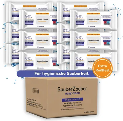 Produktbild von SauberZauber Premium Allzwecktücher 12 x 100 Stück | Feuchte Reinigungstücher in wiederverschließbarer Verpackung | Putztücher für saubere Oberflächen
