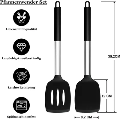 Produktbild von Pfannenwender, Silikon Kš¹chenhelfer Kš¹chenutensilien mit Edelstahlgriff, Hitzebest?ndig Geschlitzt Schwarz Pfannenwender Spatel Kochbesteck 2er Set zum Kochen Backen Wenden, Spš¹lmaschinenfest