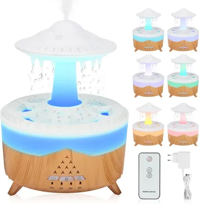 Produktbild von UFO Luftbefeuchter - Pilz-Regenlampe - Regengeräusche zum Schlafen - 3-farbige LED - Leise <36 dB - 24 V 10 W - Tank <1 L - EU-Stecker - Weiß