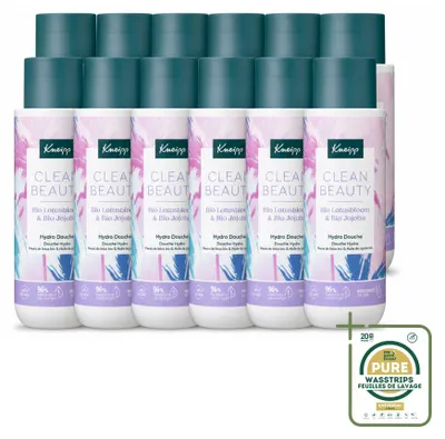 Imagen del producto de 12 unidades de gel de ducha Kneipp Clean Beauty, aroma de loto y jojoba, 200 ml cada uno. Paquete de suministro
