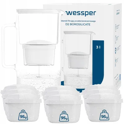 Produktbild von Wessper D2 BOROSILICATE Wasserfilterkanne 3 L Weiß – Glasfilterkanne mit 10 AquaMax Filter, BPA-frei