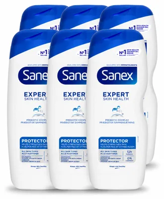 Imagen del producto de 6 unidades de gel de ducha Sanex Expert Skin Health Protector, 600 ml cada uno. Paquete económico