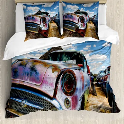 Produktbild von ABAKUHAUS Jahrgang Bettbezug, Rusty Abandoned Cars, Milbensicher Allergiker geeignet mit Kissenbezügen, 155 cm x 220 cm - 80 x 80 cm, Pale Kaffee und Blau