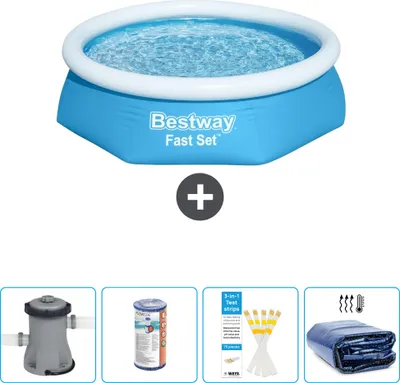 Produktbild von Bestway runder aufblasbarer Fast-Set-Schwimmpool – 244 x 61 cm – Blau – inklusive Pumpe Filter - Teststreifen - Sonnensegel