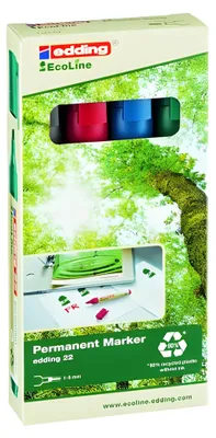 Obrázek produktu pro Edding 22 EcoLine, Černá, Modrá, Zelená, Červená, Rozšířený hrot, Polypropylen (PP), 1 mm, 5 mm, Karton, Sklo, Kůže, Kov, Papír, Plast, Dřevo