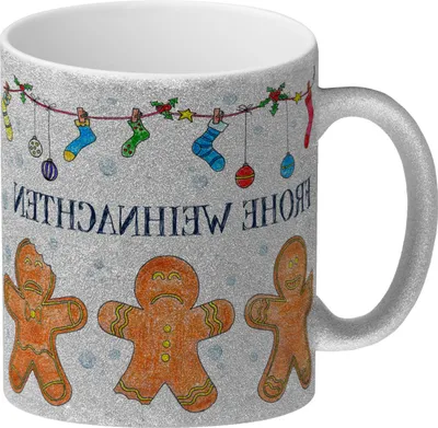 Produktbild von Frohe Weihnachten Glitzer-Glitzer-Kaffeebecher mit Lebkuchenmänner Motiv