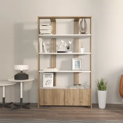 Produktbild von Skye Decor, Elena - White, Walnut, Bücherregal, Weiß, 100 % MELAMINBESCHICHTETE SPANPLATTEN, 93,6 x 31,5 x 160 cm