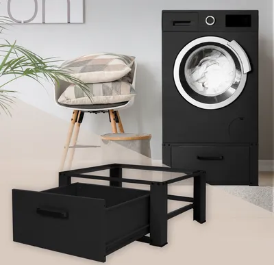 Produktbild von ML-Design Waschmaschinen Untergestell mit Schublade 63x54cm Stahl Schwarz bis 150kg, für Kühlschrank, Waschmaschinen-Unterschrank Waschmaschinensockel