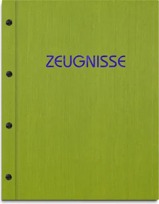 Produktbild von Zeugnismappe im grünen Einband in Leinenoptik mit hochwertigem Prägedruck in blau – handgefertigte Mappe für Zeugnisse inkl. 12 Sichthüllen