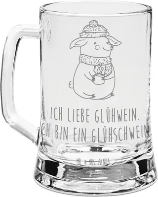 Produktbild von Mr. & Mrs. Panda Bierhumpen Schwein Glühwein - Transparent - Geschenk, Bierkrug Glas, Weihnachtsmarkt, Humpen, Glühschwein, Seidel, Mit Gravur, Punsch, Krug, Weihnachten