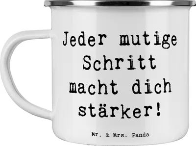 Produktbild von Mr. & Mrs. Panda Teebecher Spruch Angst überwinden - Weiß - Geschenk, Emailletasse, Gefühle, Emaille Becher, Tasse, Pott, Selbstvertrauen, Mut, Zuversicht, Trost, Liebe
