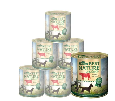 Produktbild von Dehner Best Nature Hundefutter, Nassfutter getreidefrei, für ausgewachsene Hunde, Rind / Reis / Distelöl, 6 x 800 g Dose (4.8 kg)