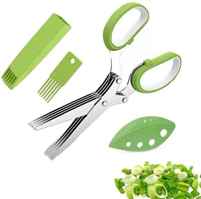 Produktbild von Kruidenschaar-Set, 5-blättrige multifunktionale Kräuter-Schere, Edelstahl-Großschaar mit 5 Messern und Reinigungsbürste, Schere mit Reinigungskamm und Messschutz, für die Küche (grün)