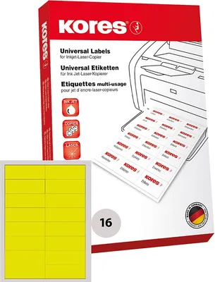 Produktbild von Kores Universal Etiketten 105 x 37 mm ohne Rand gelb 1.600 Etiketten auf 100 Blatt