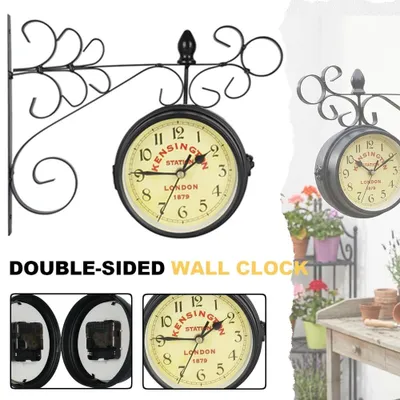 Produktbild von Doppelseitige Uhr Metall Bahnhofsuhr Wanduhr Hängende Gartenuhr Rund Dekoruhr