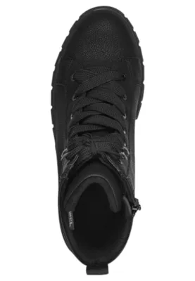 A top-down view of a black boot.
