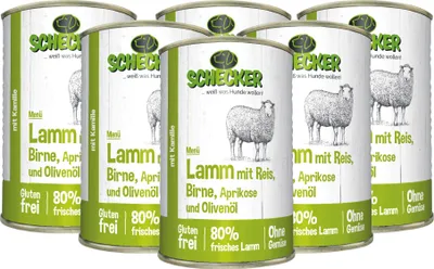 Produktbild von 6 x 410 g -  Schecker Hundemenü Nassfutter - Lamm mit Reis, Birne, Aprikose und Olivenöl