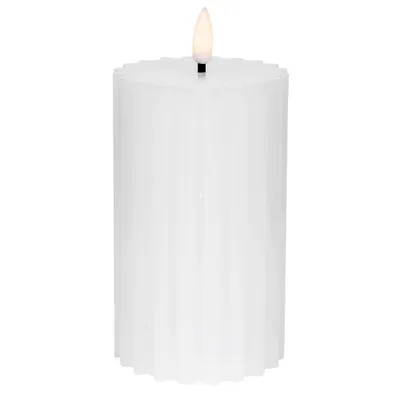 A white LED candle with a ribbed texture and a flame-like LED light on top, shown against a white background.