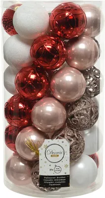 Produktbild von Weihnachtskugeln Kunststoff Ornamente 6cm 37er Set - Rosa / Rot / Weiß