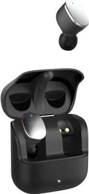 A pair of black and silver true wireless earbuds with their charging case.