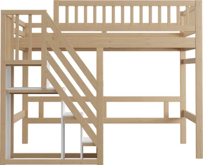 Produktbild von Flieks Etagenbett 140x200cm mit Rausfallschutz, Hochbett mit Treppe mit Kleiderstange und Ablagen, Kinderbett Doppelbett mit Lattenrost, Naturbelassen