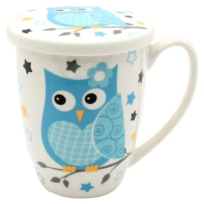 Teetasse Keramik mit Sieb & Deckel, Eulenmotiv, 250 ml