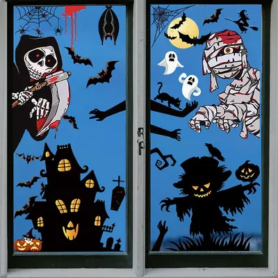 Produktbild von Halloween Fenster Aufkleber Dekoration Set 55stk - Wasserdichtes Selbstklebendes PVC - Große Halloween Stickers