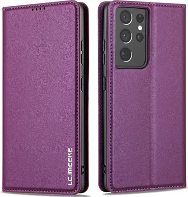 Produktbild von Handyhülle für Samsung Galaxy S21 Ultra 5G, Magnetische Flip Leder Hülle mit Kartenfach und Standfunktion Lila
