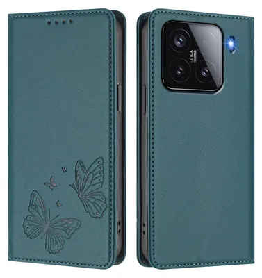 Produktbild von Lederhülle für Xiaomi 15, Schmetterling Prägung Leder Brieftasche Schutzhülle mit Ständer Grün
