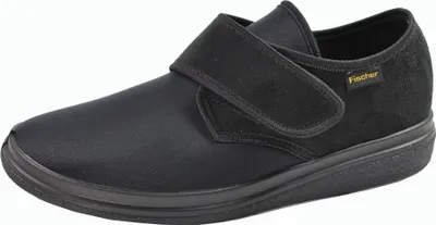 A black orthopedic shoe with a velcro strap.