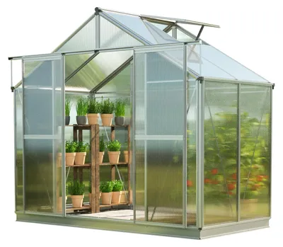 Immagine prodotto di GFP Serra Topas 2 telaio in alluminio 225 x 133 cm, lastre a doppia parete di 6 mm, con apri-finestra automatico e telaio di fondazione
