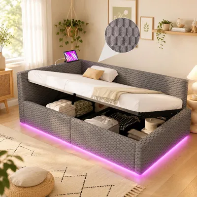 Produktbild von Flieks Schlafsofa 90x200cm mit Led und Ladeanschlüssen, Polsterbett Hydraulikbett mit Stauraum, Tagesbett Einzelbett mit Rückenlehne, Samt, Grau