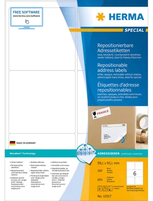Image de Etiquettes d'adresse a4 blanc 99.1x93.1 mm repositionnable papier opaque mat 600 pcs.