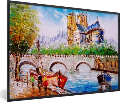 Produktbild von MuchoWow® Gerahmtes Poster Gemälde - Paris - Boot - Brücke 90x60 cm - Poster mit Schwarzem Bilderrahmen Wandposter Rahmen Foto Bilder - Fotorahmen - Foto-Plakat