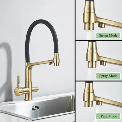 Immagine prodotto di Miscelatore da cucina a doppia erogazione, comando a leva, acqua calda e fredda, oro spazzolato A