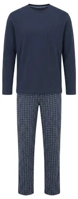 Produktbild von hajo Herren Schlafanzug lang - Premium Baumwolle, Baumwolle, Rundhals, Allover-Print Dunkelblau 4XL