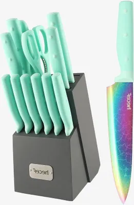 Produktbild von 14-teiliges Stahlmesser-Set - Santoku - Brotmesser - Hobbymesser - Steakmesser - Pizzamesser - Schneideisen - Holzblock - Küchenmesser - Grün