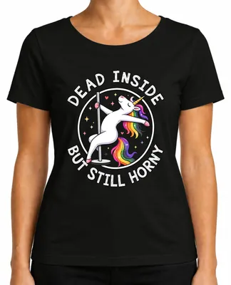 Imagen del producto de Camiseta para mujer, color negro, talla M. Diseño: "Muerta por dentro, pero aún con ganas". Frase humorística y sarcástica