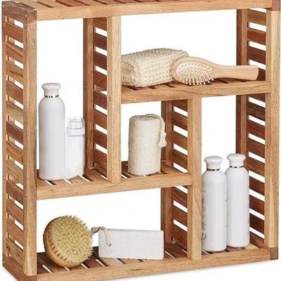 Productafbeelding van Wandplank van walnoothout, met 5 vakken, 50x50x15 cm - geschikt voor de hal of woonkamer