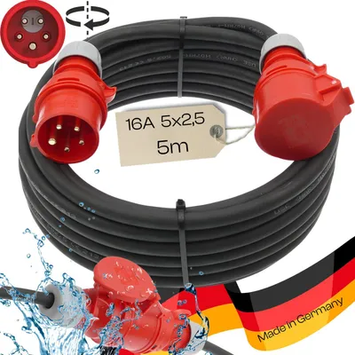 Produktbild von CEE Verlängerungskabel Starkstrom 16A H07RN-F 5G1,5mm² / 5G2,5mm² mit/ohne Phasenwender 5-50m, Querschnitt:5x1.5mm², Phasenwender:nein, Länge:5m