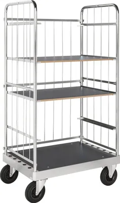 Produktbild von Kongamek Etagenwagen verzinkt 1900mm hoch 3 Drahtwände mit 4 Ladeflächen 1105x742mm aus MDF mit Bremse