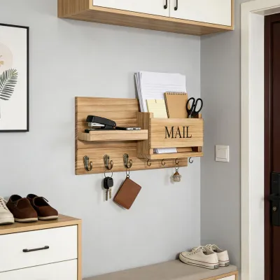 Produktbild von Schlüsselbrett mit Ablage, Wandschlüsselbrett, Schlüsselhalter mit 7 Schlüsselhaken, Wandtastatur für Eingangsbereich, Flur, Wohnzimmer, Büro (Holzfarbe)