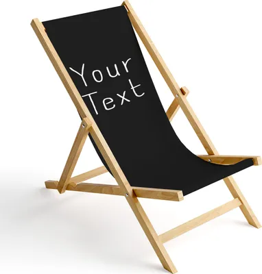 A black deck chair with wooden frame on a white background.